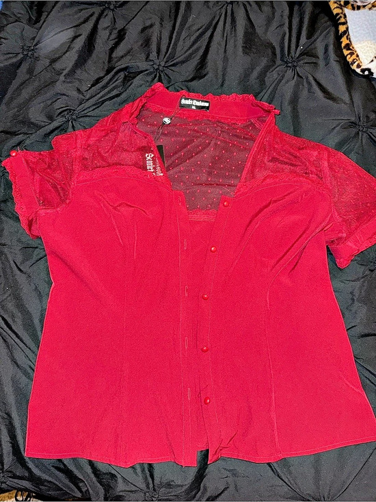 Scarlet Darkness Tops - Red Lace Button Down Blouse